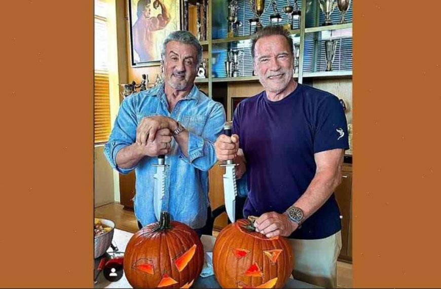Schwarzenegger and Stallone Carve Pumpkins Together